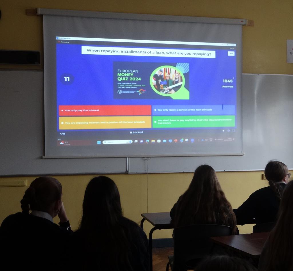 Global Money Week. Second Year Business Studies students participated in the European Banking Federation quiz, testing their knowledge of banking and financial matters in a fun and interactive environment. Well done to all.