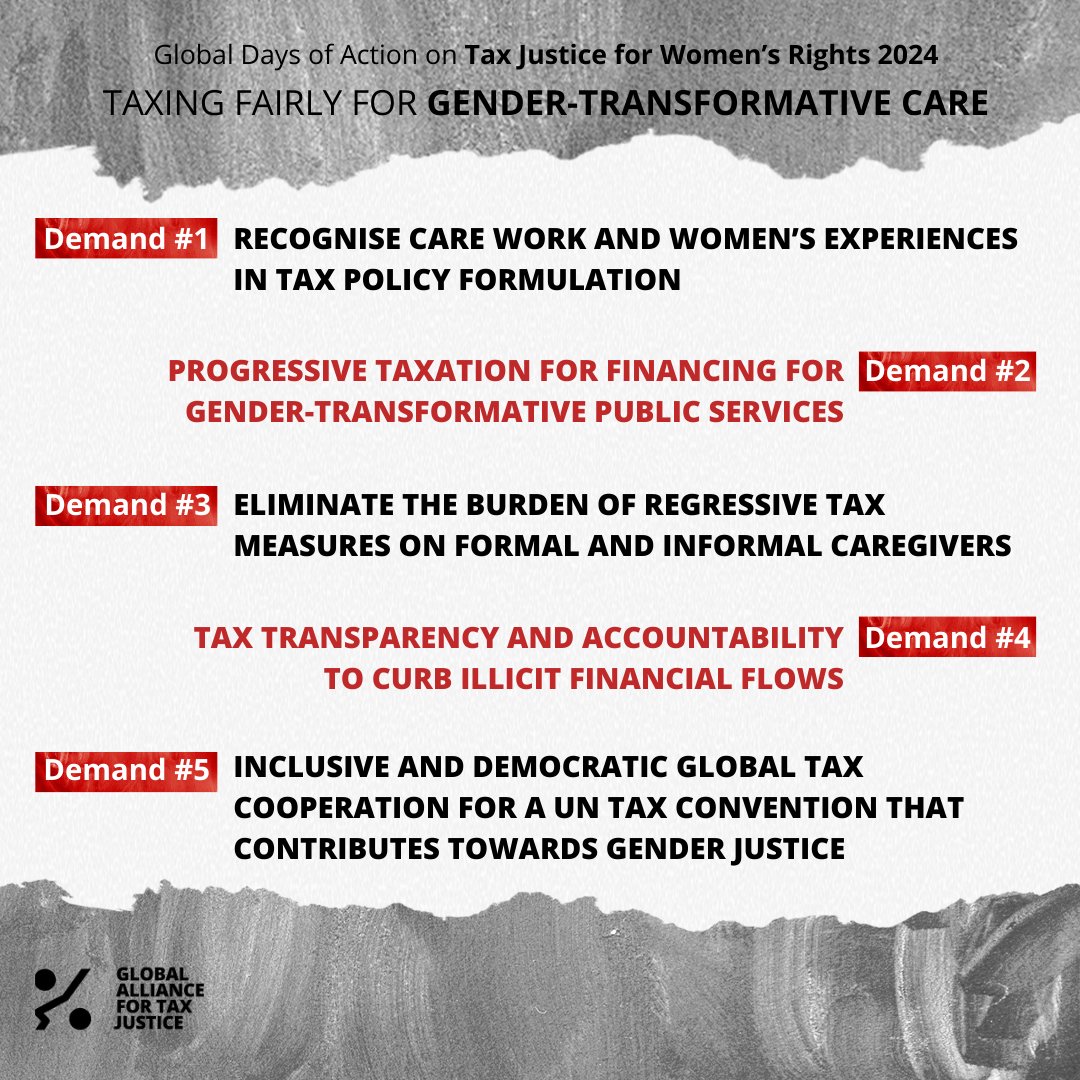As we close the 8th edition of the #MakeTaxesWorkForWomen campaign, we reiterate our 2024 Global Days Of Action demands!💸

#CSW68 #GDOA2024  #TaxJustice #TaxFairly4Care👇