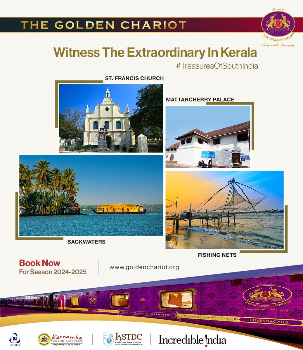 Embark on an unforgettable journey through Kerala aboard the #GoldenChariot and witness its extraordinary sights.

Visit goldenchariot.org to book your tour today.

#TreasuresOfSouthIndia #TravelExperiences #travelindia #luxurytravel #SouthIndia #travellife
