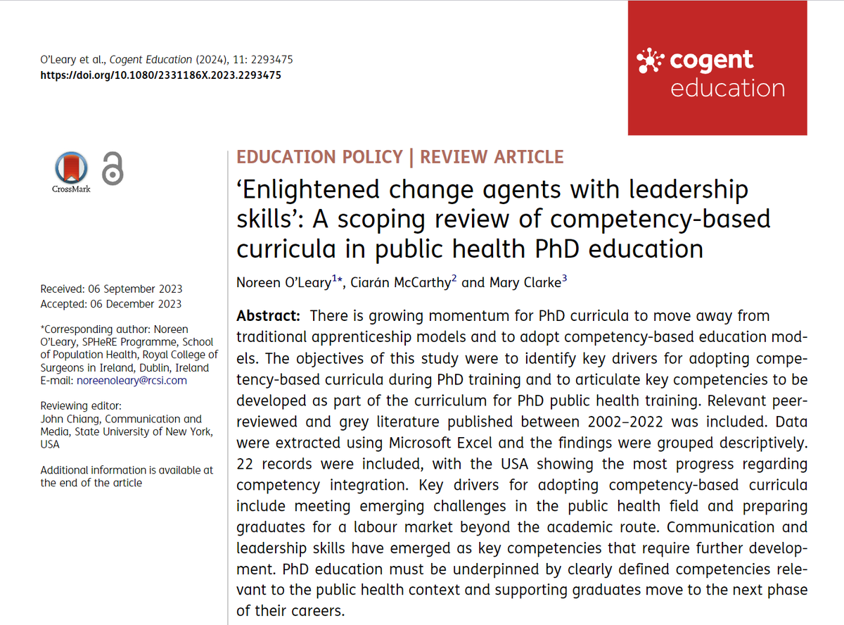 We are delighted to share the SPHeRE Programme Team publication on competency-based curricula by Dr. Noreen O'Leary, Ciarán McCarthy, and Prof Mary Clarke.
tandfonline.com/doi/full/10.10…