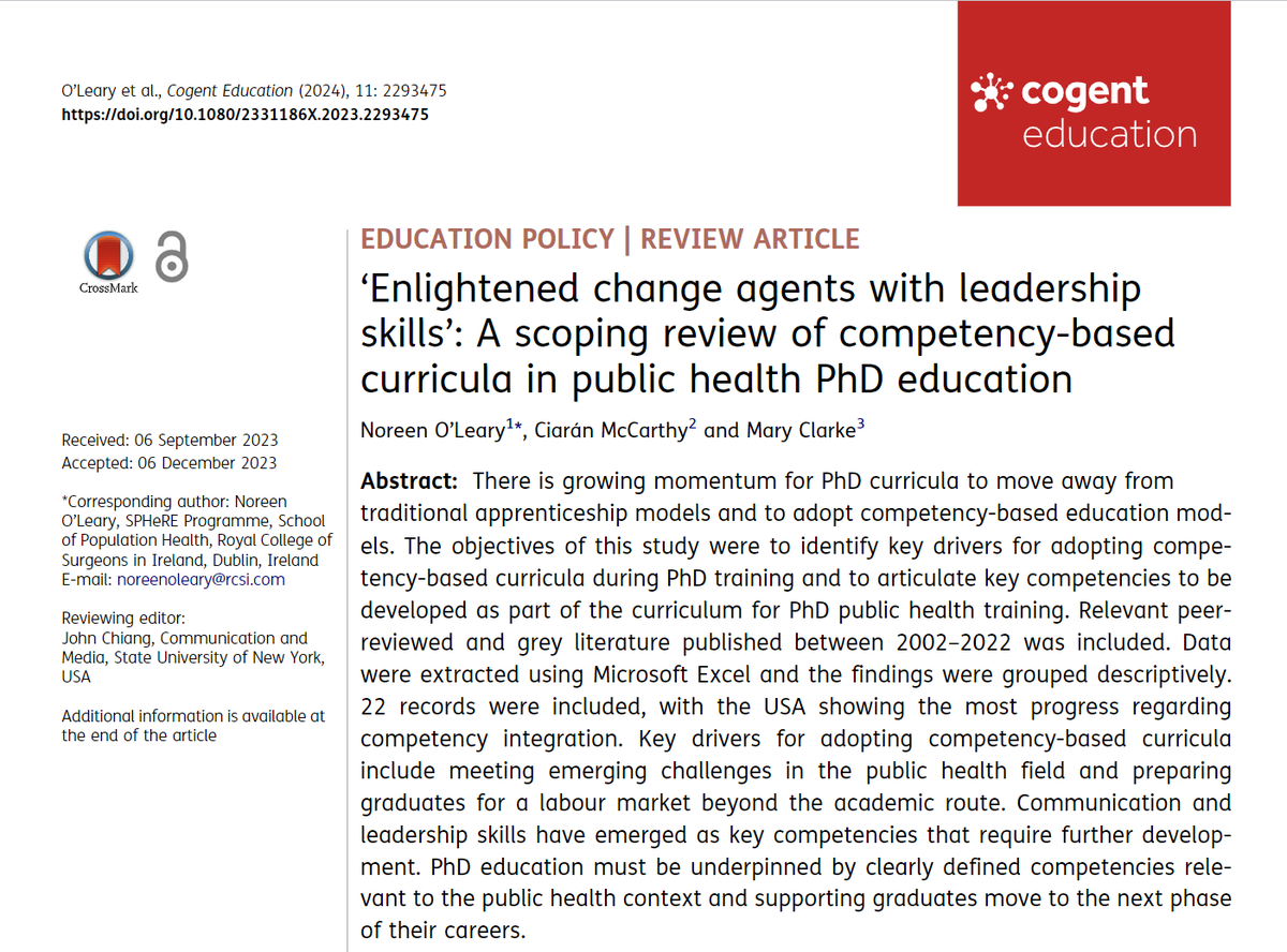 We are delighted to share the SPHeRE Programme Team publication on competency-based curricula by Dr. Noreen O'Leary, Ciarán McCarthy, and Prof Mary Clarke. tandfonline.com/doi/full/10.10…