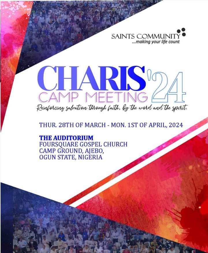 saintscommlagos's tweet photo. What is A Camp meeting?

It's an old word for "Tent Meetings " held in the 19th and 20th Centuries

The Practice was for believers to gather under a Tent or "Camp" and hold all day meetings

Usually very strong teaching meetings in the Mornings and Afternoons and in the Evenings, they gather for Holy Ghost /Believers meetings.

Charis Campmeeting is typical of this.

Patterned after Kenneth E Hagin Campmeetings,We hold teaching meetings primarily during the day(Morning and Afternoon) with strong emphasis on Who we are in Christ and the Finished Work of redemption with its attendant realities and privileges and rights,while the Evenings majorly, we demonstrate the things of the Spirit in Gifts(utterance,revelation and power),with needs met in its diversities and the participants full of joy

All Past meetings have had numerous testimonies of many receiving the new birth,filled with the Spirit and diverse and special miracles like in the book of acts,further more and very poignant is the receiving, development and enhancement of many believers in the work of ministry and in the things of the Spirit

That's why we invite all to our Campmeetings

The "Tent" is 
The AUDITORIUM 
Foursquare Church Camp grounds 
Ajebo Ogun state 
 Date is Thursday March 28-Monday April 1st (Easter)

For more information call 08093002121

It's Heaven in Earthly places

The Word and Spirit

No entertainment allowed

No Side Attractions permitted

The Word taught in revelation and the Spirit in power and might in demonstrations! 

It's your appointment with God's divine plan

Come and bring a hungry heart, a friend and someone you love!

Expecting to receive you

I call you blessed