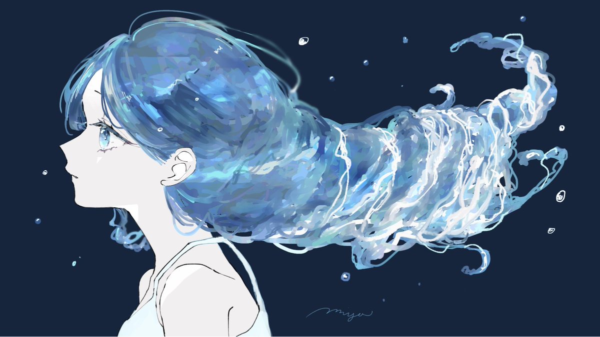 1girl solo long hair blue eyes simple background bare shoulders blue hair  illustration images