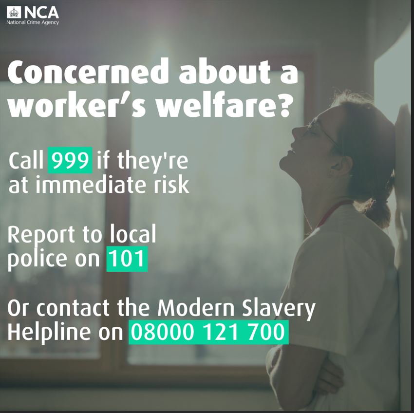 '⚠️The care sector is being targeted by unscrupulous employers. Concerned about a worker's welfare? Trust your gut. If something doesn't feel right, it probably isn't. Call the @UnseenUK Modern Slavery Helpline on 08000 121 700 or report online at spkl.io/60144LHMO'