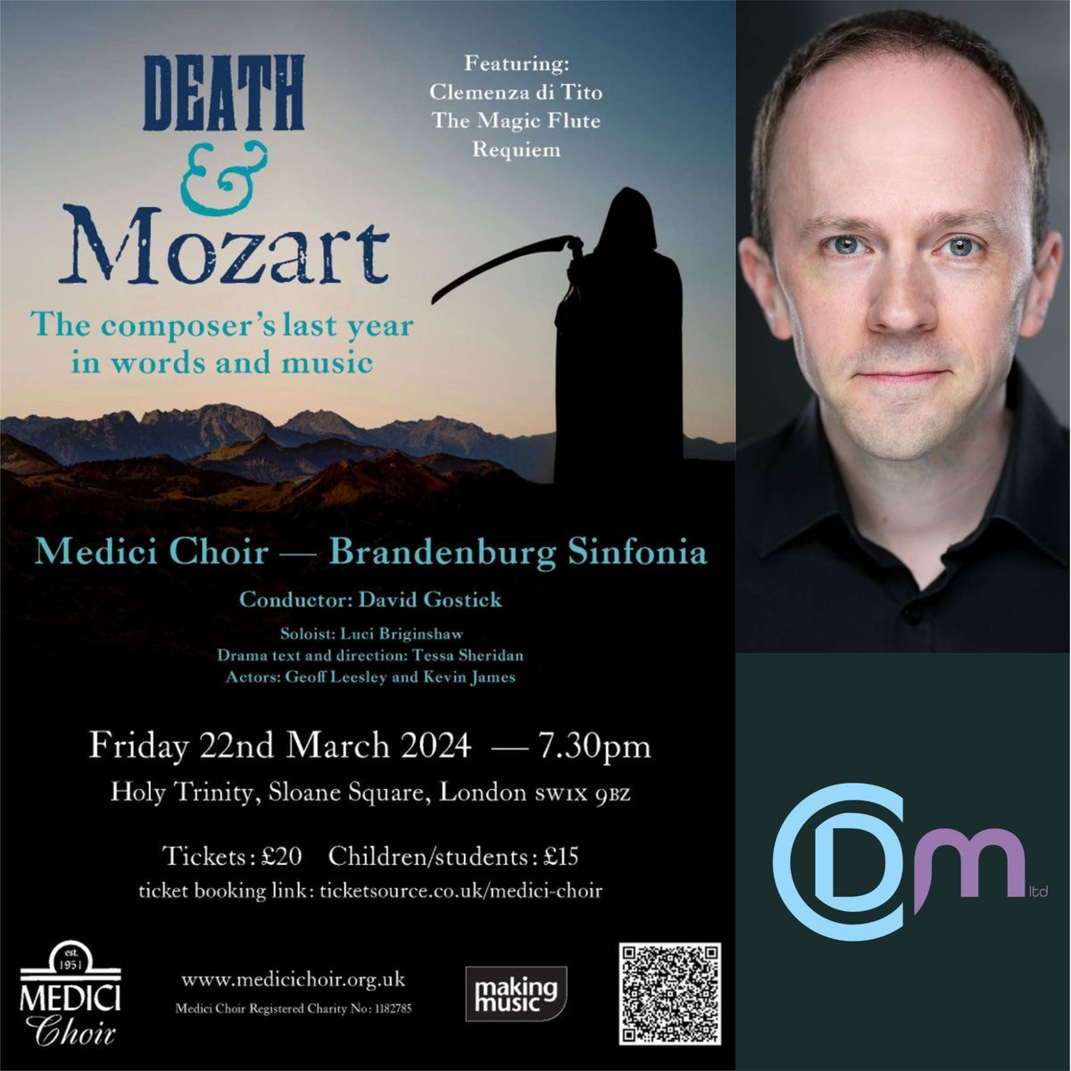 Break a leg to client KEVIN JAMES (@itsKevinJames) who plays Mozart in Medici Choir's Spring concert, Death And Mozart, the composer's last year in words and music. The concert takes place tonight at the Holy Trinity Church in Sloane Square, London.