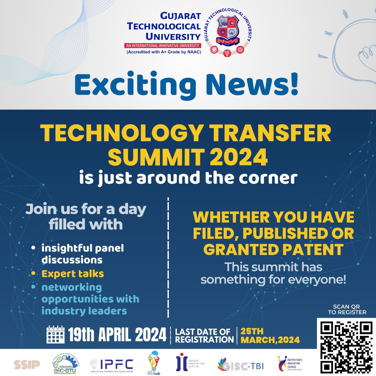 Are you ready to take your ideas to the next level? Don't miss the Technology Transfer Summit 2024! Join us for a day of inspiration, collaboration, & transformation. Register now and be part of the future of innovation! Registration forms.gle/RvPnQ6ymitXqDq… Last Date 25/3/2024