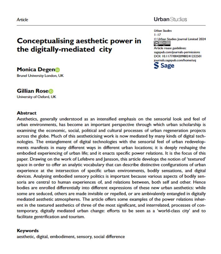 New #OpenAccess article by @MoniDegen and @ProfGillian: Conceptualising aesthetic power in the digitally-mediated city ow.ly/IzU850QXSwB #embodiment #sensory #SocialDifference