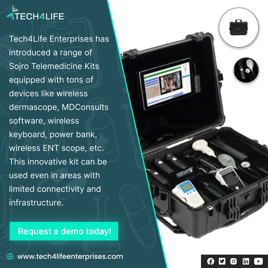 Tech4Life1's tweet image. Tech4Life Enterprises has introduced a range of Sojro Telemedicine Kits equipped with tons of devices. This innovative kit can be used even in areas with limited connectivity and infrastructure.
Request a demo today!
tech4lifeenterprises.com/sojro-telemedi…

#Telehealth  #healthcare #Telemedicine