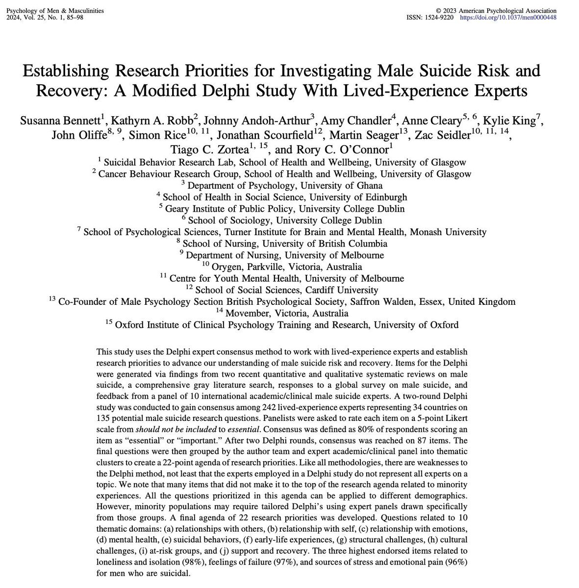 Despite men accounting for 75% of all suicide deaths in UK, there is relatively little research focused on male suicide.

In this paper, led by @susie_research we try to right this wrong by setting out research priorities for male suicide risk &amp; recovery 

psycnet.apa.org/record/2024-05…