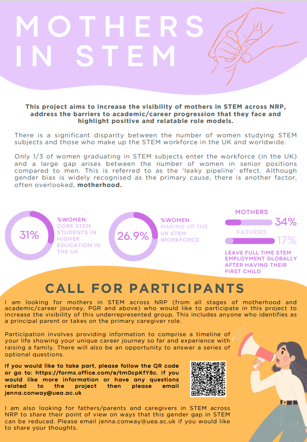 NRPDTP (@nrpbiodtp) on Twitter photo Our PhD student, Jenna Conway is doing a project to increase the visibility of mothers in #stem across <a href="/NorwichResearch/">Norwich Research Park</a> and is looking for participants.
To take part, view the poster and follow the QR code. Or here is the link to participate, lnkd.in/eGqU7iEP Our PhD student, Jenna Conway is doing a project to increase the visibility of mothers in #stem across <a href="/NorwichResearch/">Norwich Research Park</a> and is looking for participants.
To take part, view the poster and follow the QR code. Or here is the link to participate, lnkd.in/eGqU7iEP