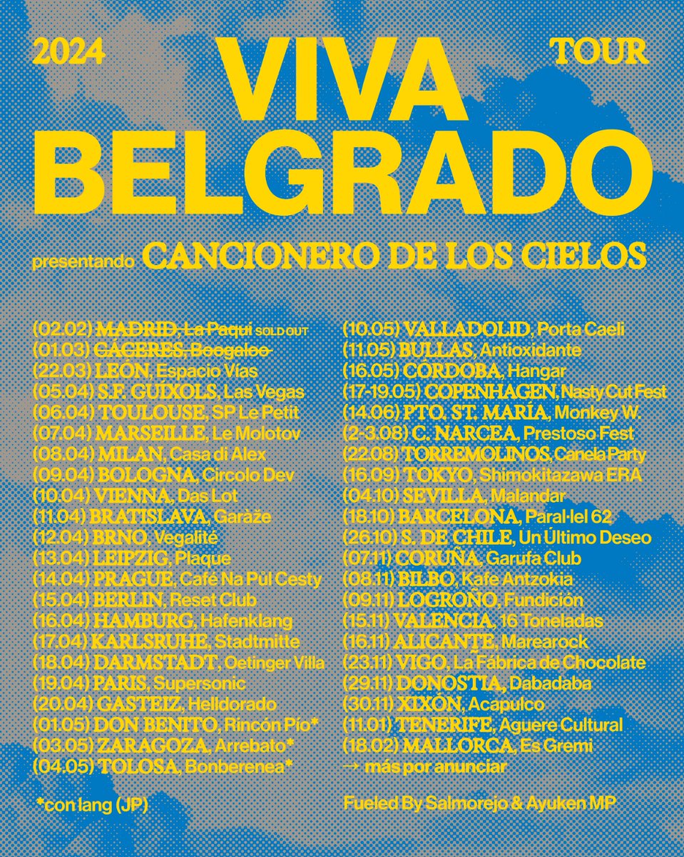 AyukenMP's tweet photo. 🌩️🗺️ ¡NUEVAS FECHAS!! Confirmamos que lo de @vivabelgrado no tiene límites. Como el cielo. Como su #CancionerodelosCielos. ℹ️ Mírate las nuevas paradas de su tour mundial en su web https://t.co/y9mIkZdwDZ. ¡HOY en #León, a punto de agotar entradas!! #SoldOutAlert ⚠️ https://t.co/1iKPatGzjx
