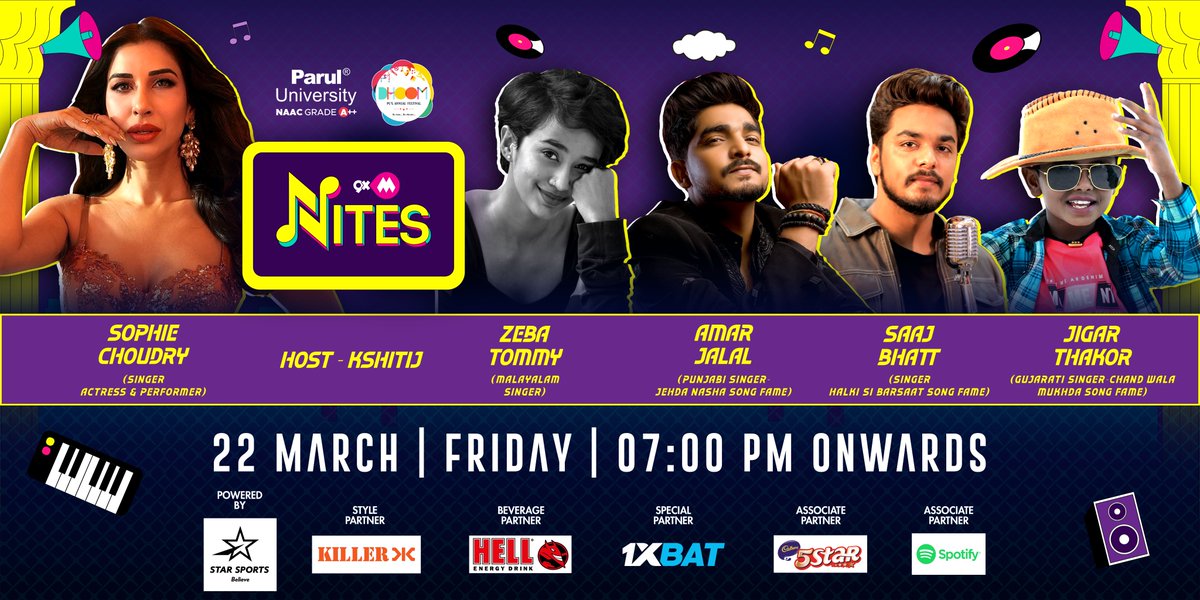Get set to groove! Are you ready for the ultimate party experience? Join us tonight at #ParulUniversity for #9XMNites - it’s going to be epic! 🎉 Parul University | 22nd March 7pm onwards📷 #9XMNites #Ritviz #SophieChodry #Justh #SaajBhatt #KairaviBuch #Naaz #ZebaTommy…