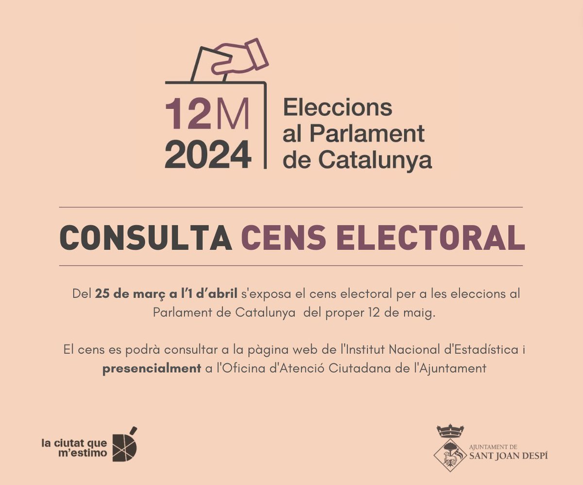 #EleccionsSJD Del 25/03  a l'1/04 s'exposa el cens electoral per a les eleccions al  Parlament de Catalunya. 
Podeu consultar el cens a través de la pàgina ine.es o presencialment a l'Oficina d'Atenció a la Ciutadania (OAC).

👉Més info a sjdespi.cat/ExposicioCens