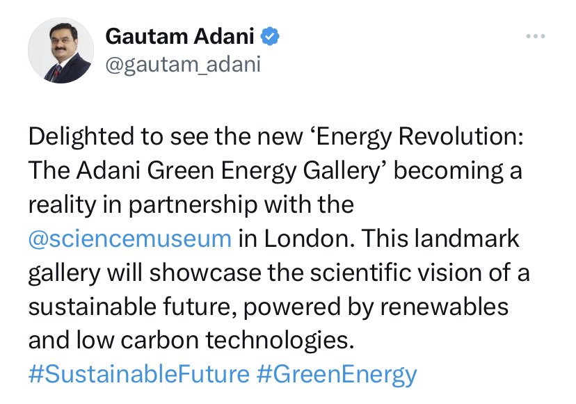 This morning, the billionaire Chairman of the Adani Group posted about the @sciencemuseum’s new Adani-sponsored #EnergyRevolution gallery, helping it look green!

But Adani is the world’s biggest private producer of coal, mired in allegations of corruption!
#stopadani #dropadani
