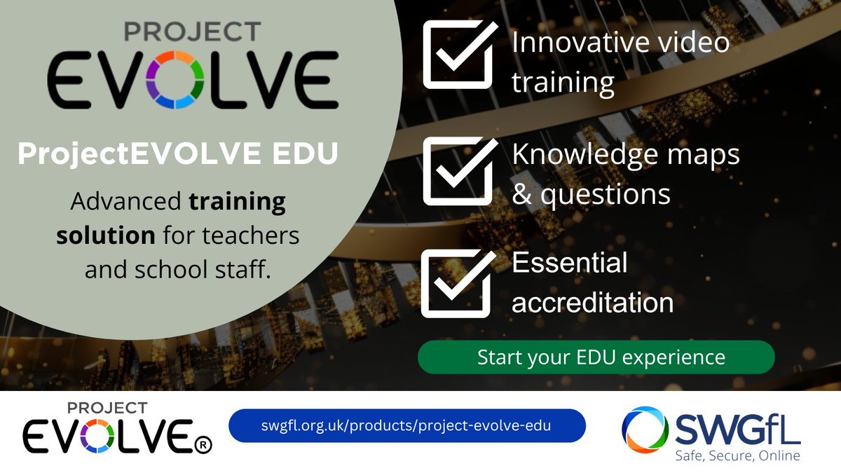 We’re pleased to launch #ProjectEVOLVE EDU, the new digital literacy and online safety #training platform for teachers! Featuring videos, essential accreditation, quizzes and analytics, EDU is here to support the knowledge of your #school staff. 👇 swgfl.org.uk/products/proje…