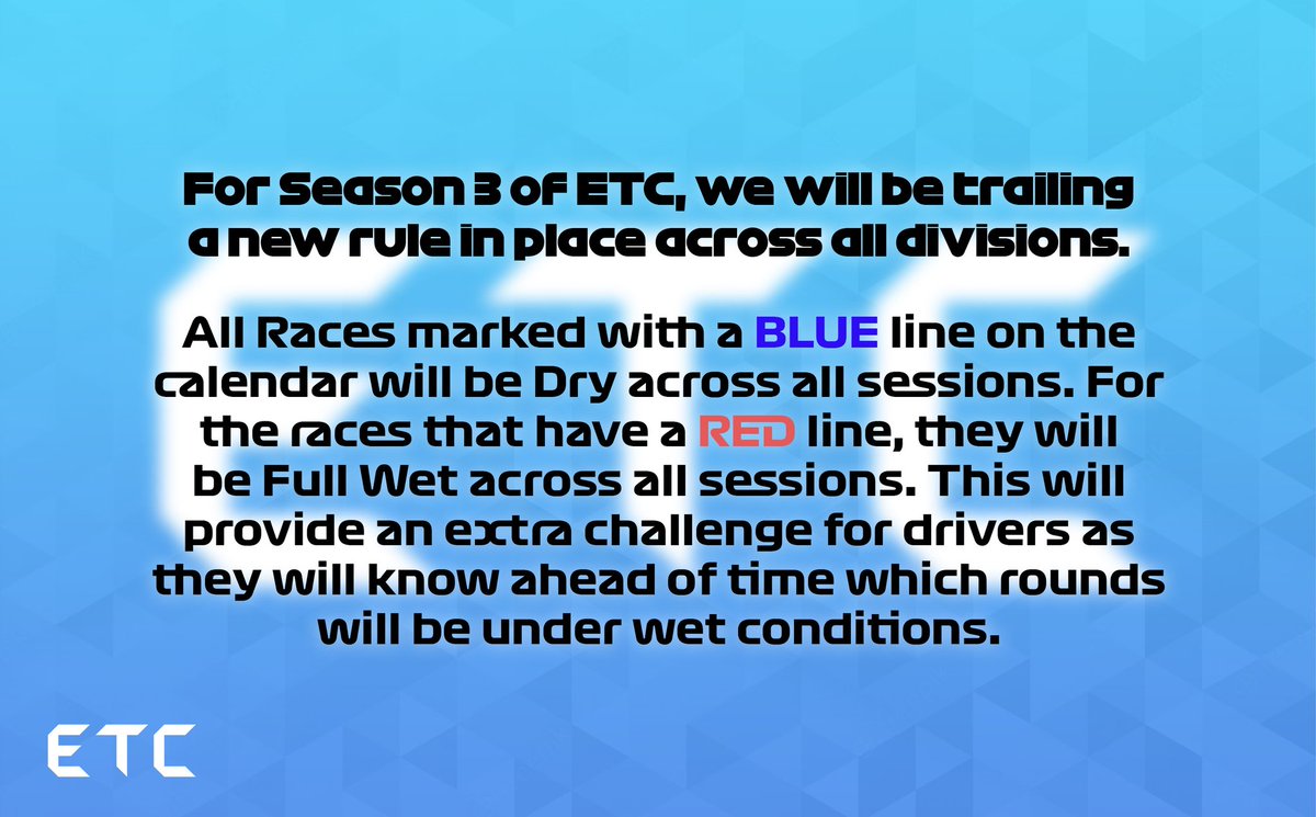 As we get ourselves ready for Elite Tier beginning TONIGHT, here are the calenders for the upcoming season
As well as a new format we are bringing in for this season to try out to provide all teams an extra challenge

Good luck to all Elite Teams tonight at Zandvoort 🔥

#ETCS3