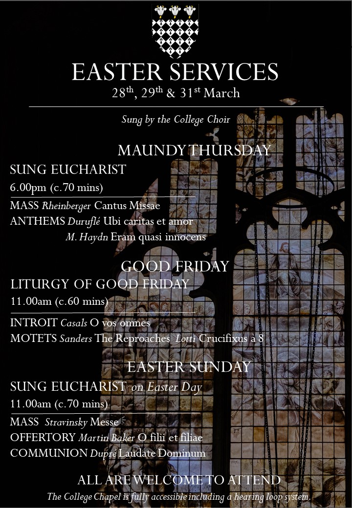 As our concerts of Buxtehude's Membra Jesu Nostri nears on Sunday and Monday, do take a look at our Easter schedule as the choir and chapel prepares for Holy Week. We're particularly looking forward to singing Stravinsky's Mass and Dupre's Laudate Dominum on Easter Day!