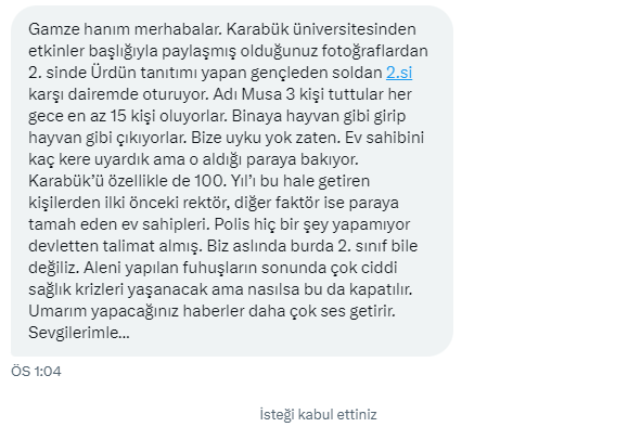 Öğrencilerden gelen mesajlardan biri: