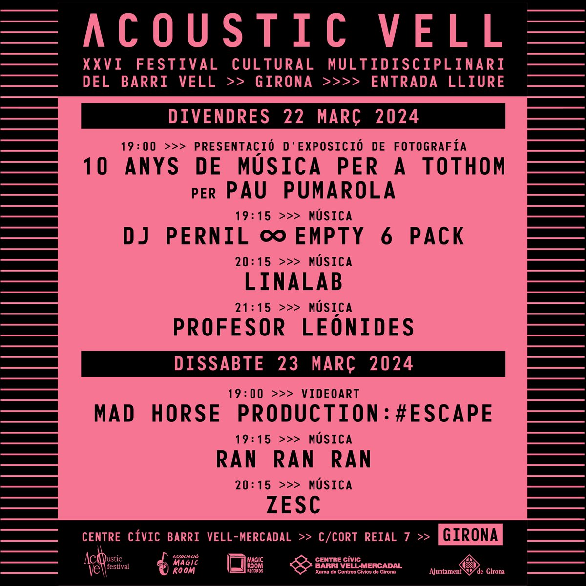 Torna l'Acoustic Vell, XXVI festival cultural multidisciplinari del Barri Vell de Girona amb música, fotografia, DJ's, videoart... Un nou cap de setmana per gaudir de música, art i molt bon ambient al centre de Girona.

🎵Acoustic Vell
🗓️22 i 23/03-19h
📍CC. Barri Vell-Mercadal
