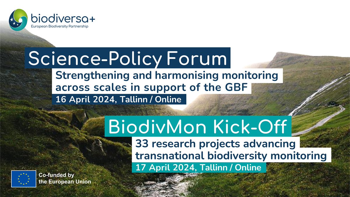 📢The 33 projects funded under our #BiodivMon call will kick off in Tallinn on 17 April! Will you be there?

In parallel, we are organising our Science-Policy Forum on biodiversity monitoring and GBF implementation. Same place, 16 April.

Don't miss it!
➡️ biodiversa.eu/#events