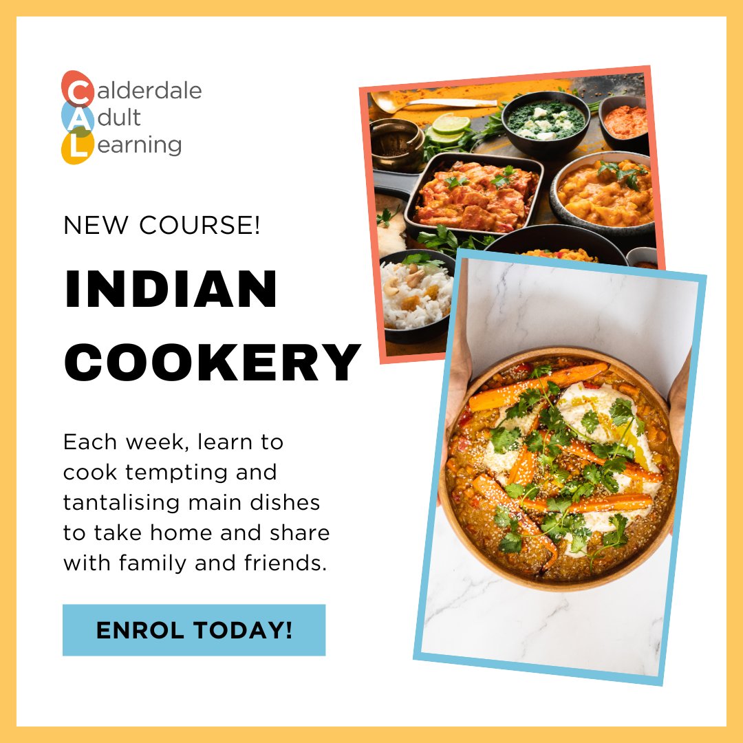 NEW COURSE - Indian Cookery is back! Each week, learn to cook tempting and tantalising main dishes to take home and share with family and friends. Secure your place on this popular course by giving us a call today! 📞 01422 392820