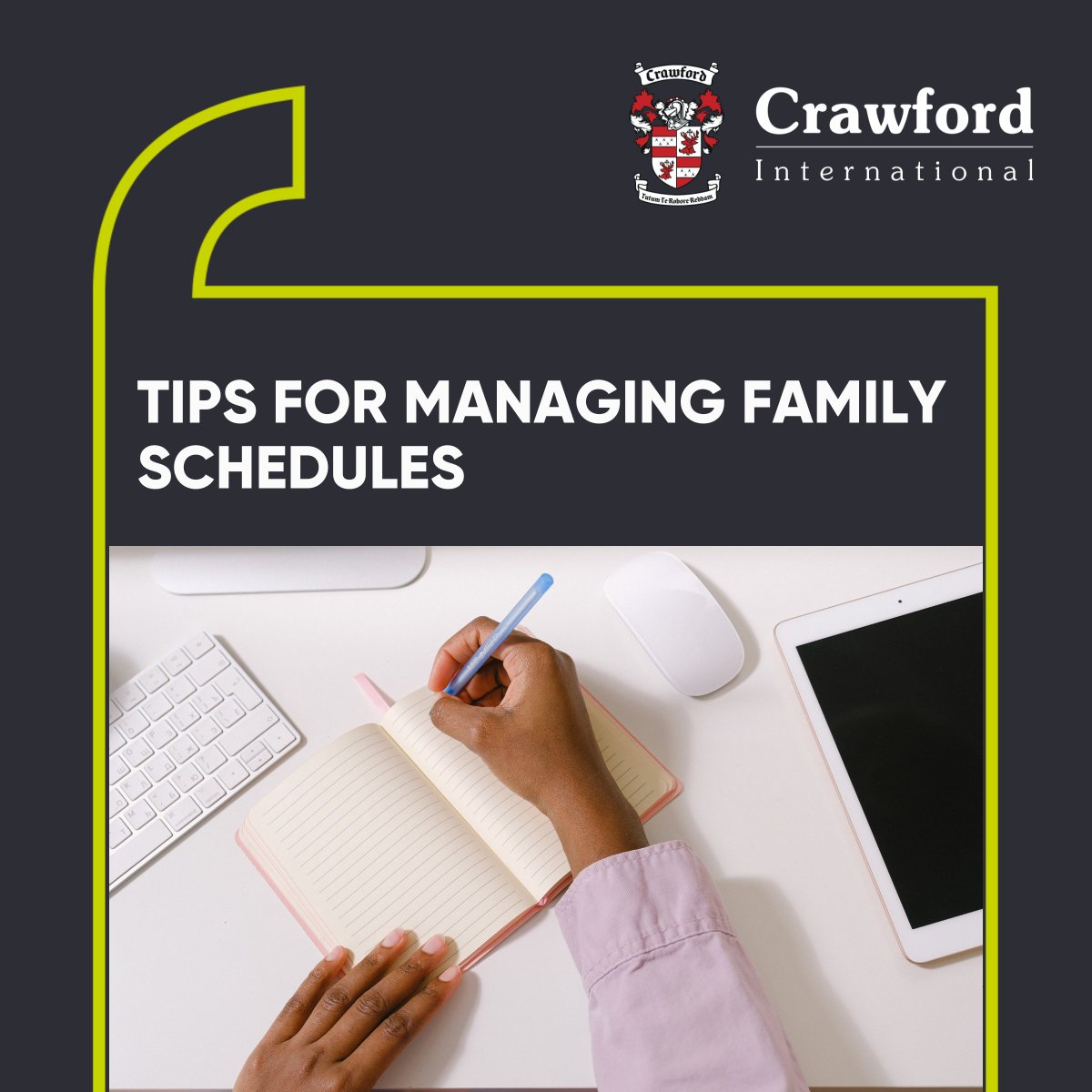In today's world keeping track of a family's schedule can be a mammoth project on its own, so this week's blog post is about 8 simple tips on how to best manage a family schedule.

Read here: crawfordinternational.co.za/blog/tips-for-…

#CrawfordInternational #Blog