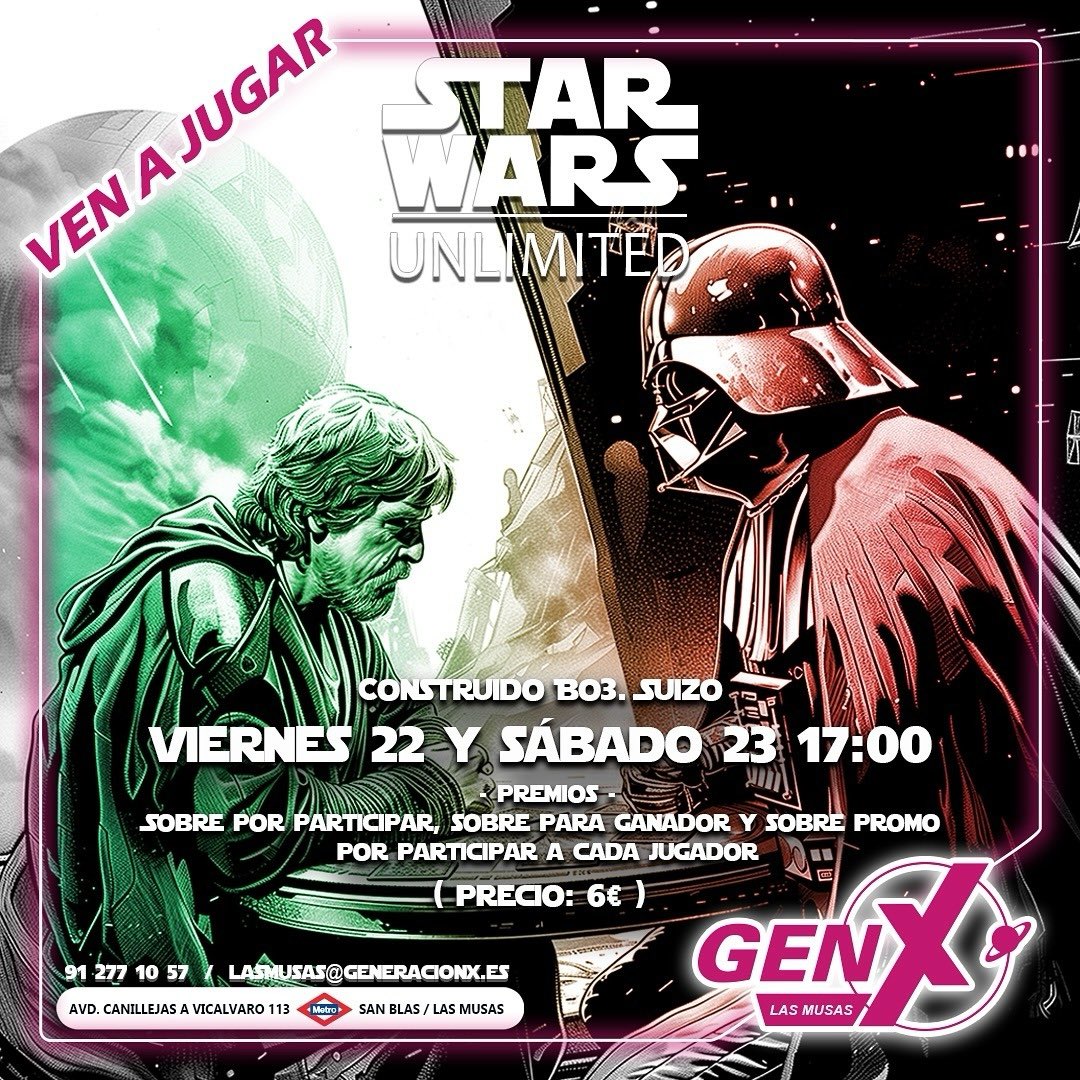 GenXLasMusas's tweet photo. Tenemos otro finde con tardes llenas de Star Wars Unlimited. No te las pierdas y juega con nosotros. ¡Que la fuerza te acompañe! @asmop_es @Asmodee_es #StarWars #StarWarsUnlimited https://t.co/gCEwb9WmFa