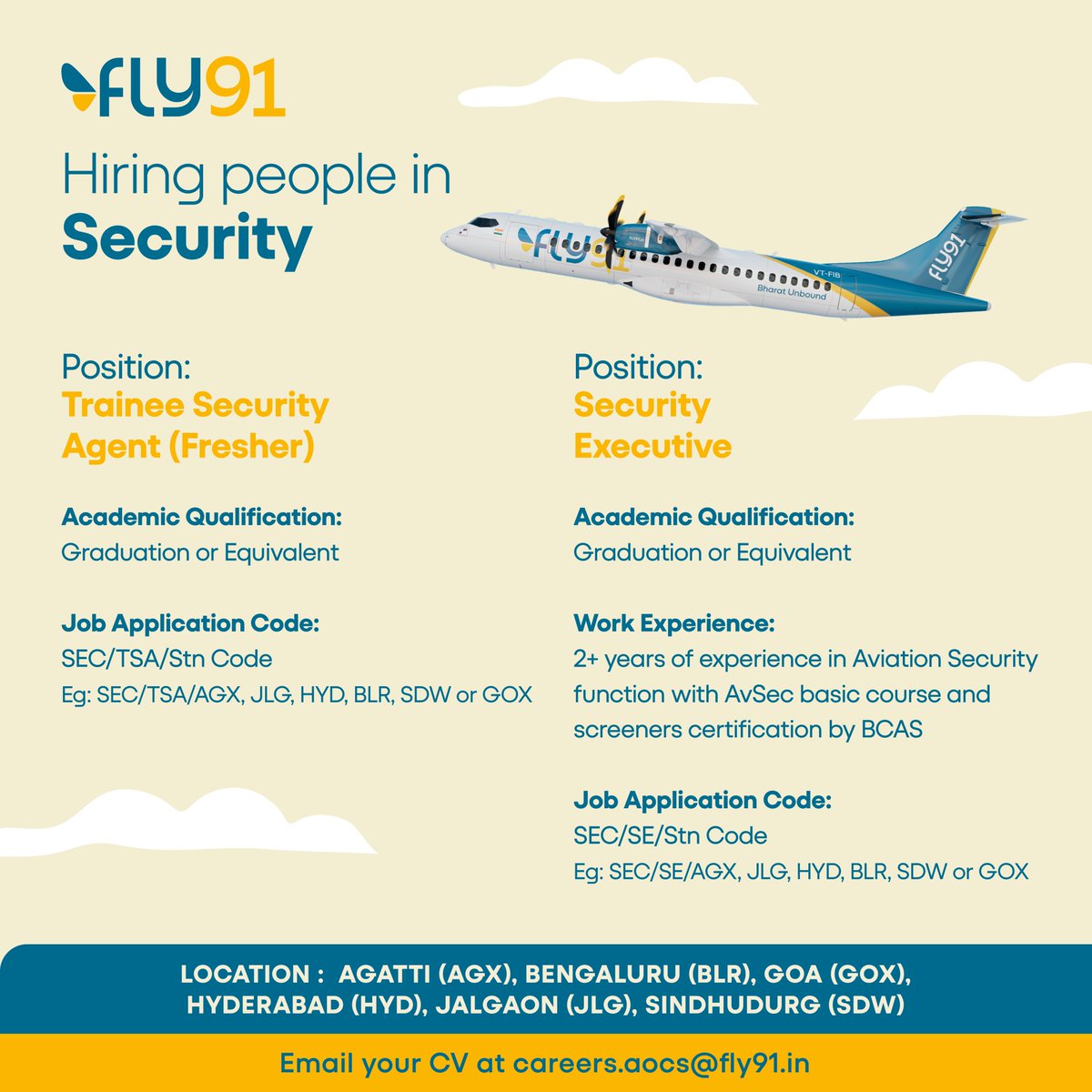 fly91.in (@fly91_in) on Twitter photo We are hiring !
If you are passionate to work for an airline, then come and join our security team across our network.
Email us your CV at careers.aocs@fly91.in
#BharatUnbound #Hiring #Bharat #Career We are hiring !
If you are passionate to work for an airline, then come and join our security team across our network.
Email us your CV at careers.aocs@fly91.in
#BharatUnbound #Hiring #Bharat #Career