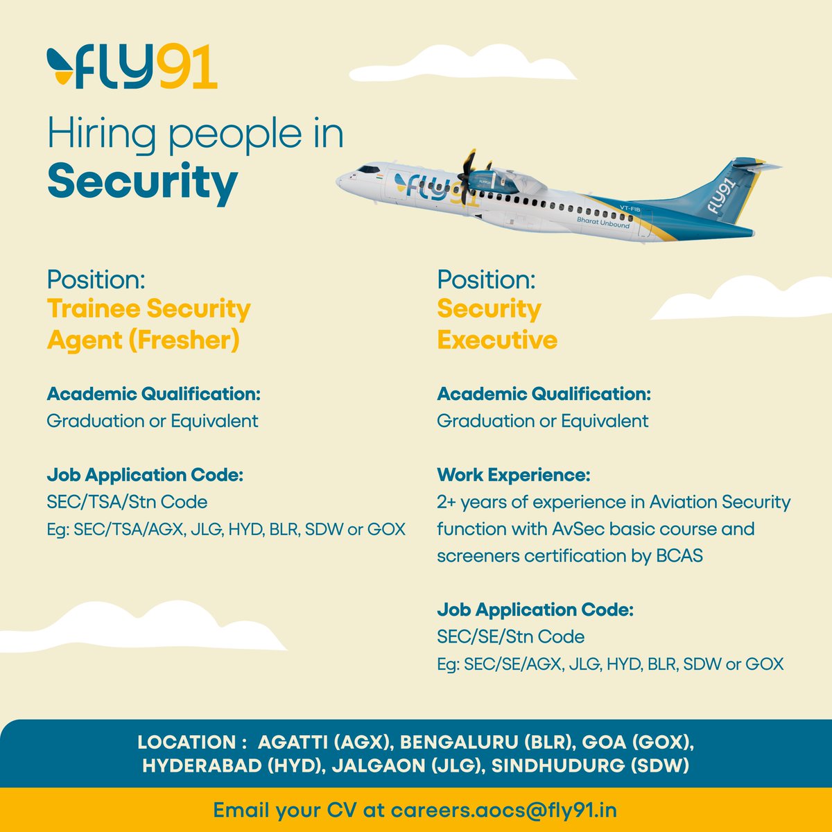 We are hiring ! If you are passionate to work for an airline, then come and join our security team across our network. Email us your CV at careers.aocs@fly91.in #BharatUnbound #Hiring #Bharat #Career