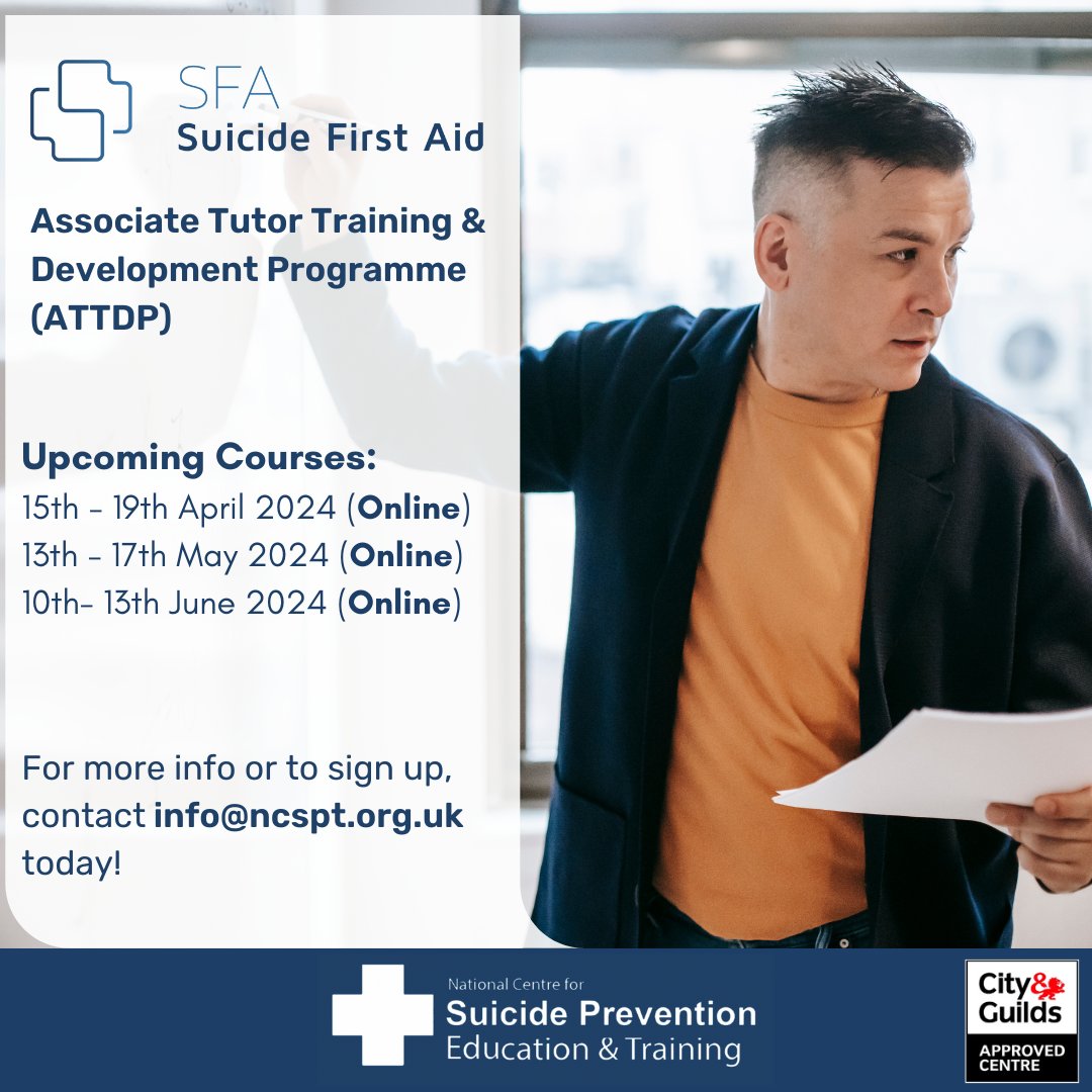 📢 Spaces Still Available: 15th - 19th April 2024 13th - 17th May 2024 10th - 13th June 2024 (All online via Zoom) To learn more about this course or apply, please contact info@ncspt.org.uk today! #SFA #suicideprevention #tutortraining #mentalhealth #mentalhealthmatters