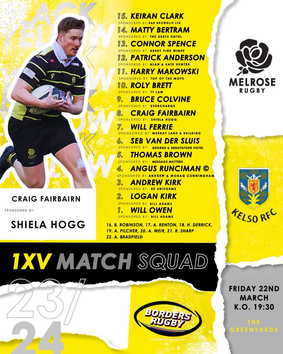 𝘽𝙤𝙧𝙙𝙚𝙧 𝙇𝙚𝙖𝙜𝙪𝙚 𝙎𝙦𝙪𝙖𝙙 𝘼𝙣𝙣𝙤𝙪𝙣𝙘𝙚𝙢𝙚𝙣𝙩 🏆 The Melrose 1st XV team to take on @kelsorugbyclub tonight at the Greenyards. Don’t miss the walking rugby match between the two clubs beforehand, kicking off at 6:30pm on the 3G #MelroseRugby #BlackandYellow