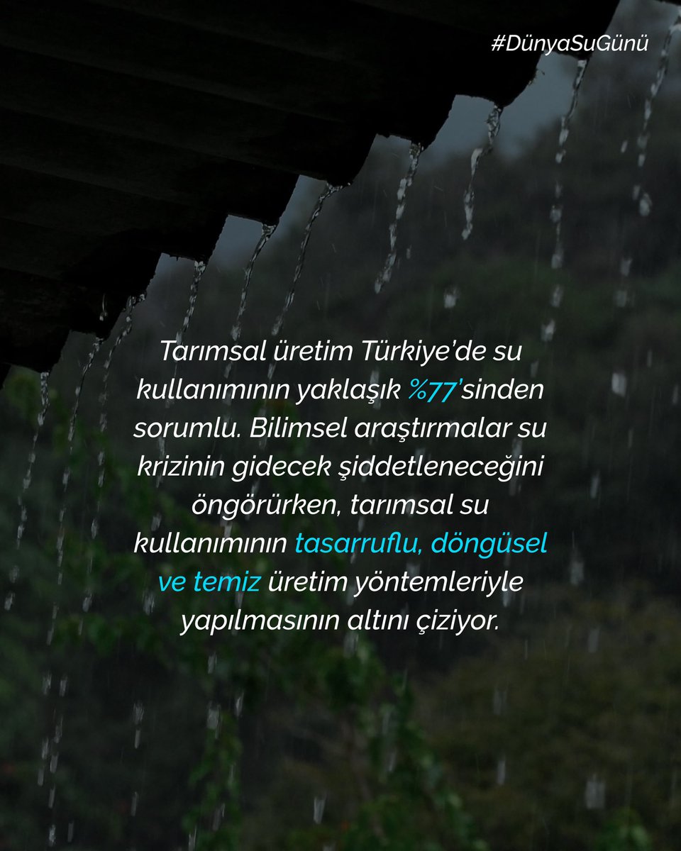 Bugün 22 Mart Dünya Su Günü. 
İklim krizi ve biyoçeşitlilik kaybıyla mücadele ederken su kullanımında bütüncül ve onarıcı bir sistem geliştirmemiz gerekiyor. 💧
Odak alanlarından başlıcası ise tarımsal su kullanımı olmalı.