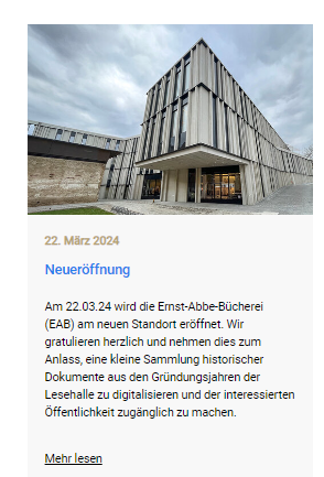 #BibliothekenTH feiern heute!
@EAB_Jena wird am neuen Standort eröffnet.
Ab Montag kann richtig losgelesen, ausgeliehen, gestaunt & besichtigt werden.
 
Virtuelle Glückwünsche (mit Bibliotheksgeschichte) auch von den Kolleg*innen der @ThulbJena 👏💐
Link: t1p.de/vh0l2