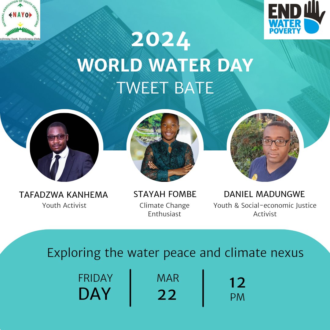 Every year on March 22, the world observes #WorldWaterDay to raise awareness of the importance of water to society. Today in our tweet bate we explore the water peace & climate nexus, and we're joined by @Magogo_Official, @MadungweV and @StayahF #ClaimYourWaterRights