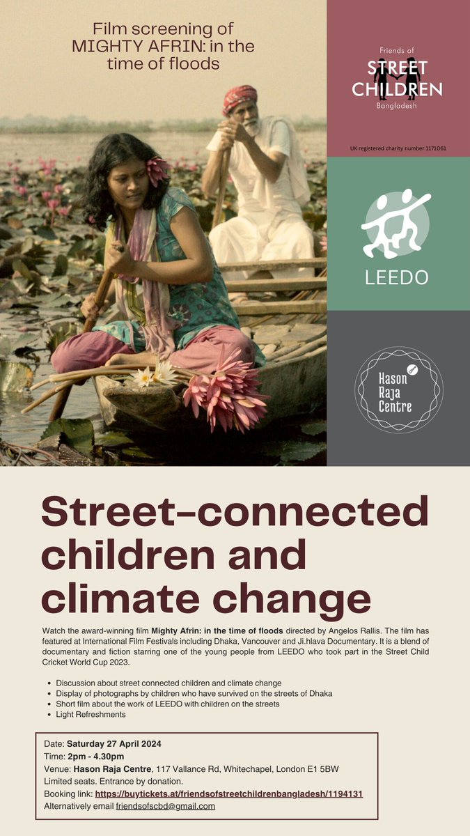 On Saturday afternoon 27th April watch an award winning film and join our discussion about street connected children and climate change