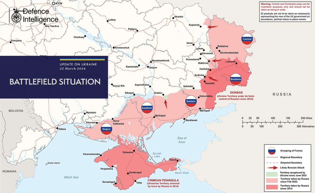 The illegal and unprovoked invasion of Ukraine is continuing. The map below is the latest Defence Intelligence update on the situation in Ukraine – 22 March 2024. Find out more about Defence Intelligence's use of language: ow.ly/NjOg50QllKp #StandWithUkraine 🇺🇦