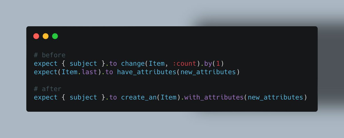 Darhazer's tweet image. active_record_block_matchers is a gem that more people should know about. Makes for much better #Rails #RSpec.
