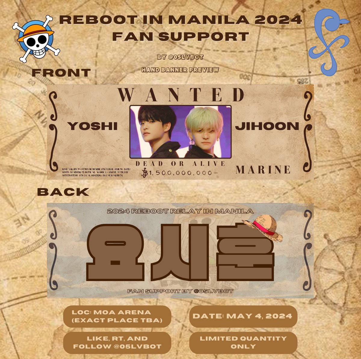 05lvbot's tweet photo. 𐙚 ⁀➴ Fan Support for #TREASURE_REBOOT_IN_MANILA — by @05lvbot 💎

𔓘 #YOSHI &amp; #YOSHIHOON banner
𔓘 strictly 1:1 ratio
𔓘 open for trades (limited only) dm me!
𔓘 rt &amp; like to spread 
𔓘 tag me if u get one ^^ https://t.co/etfwwPxYM6
