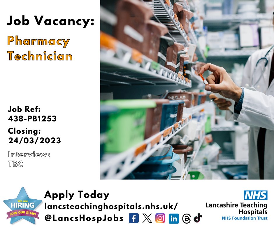 Job Vacancy: Pharmacy Technician @LancsHospitals ⏰Closes: 24/03/2024 Read more and apply: lancsteachinghospitals.nhs.uk/join-our-workf… #NHS #NHSjobs #Lancashire @pharmacylthtr #Preston #PharmacyTechnician