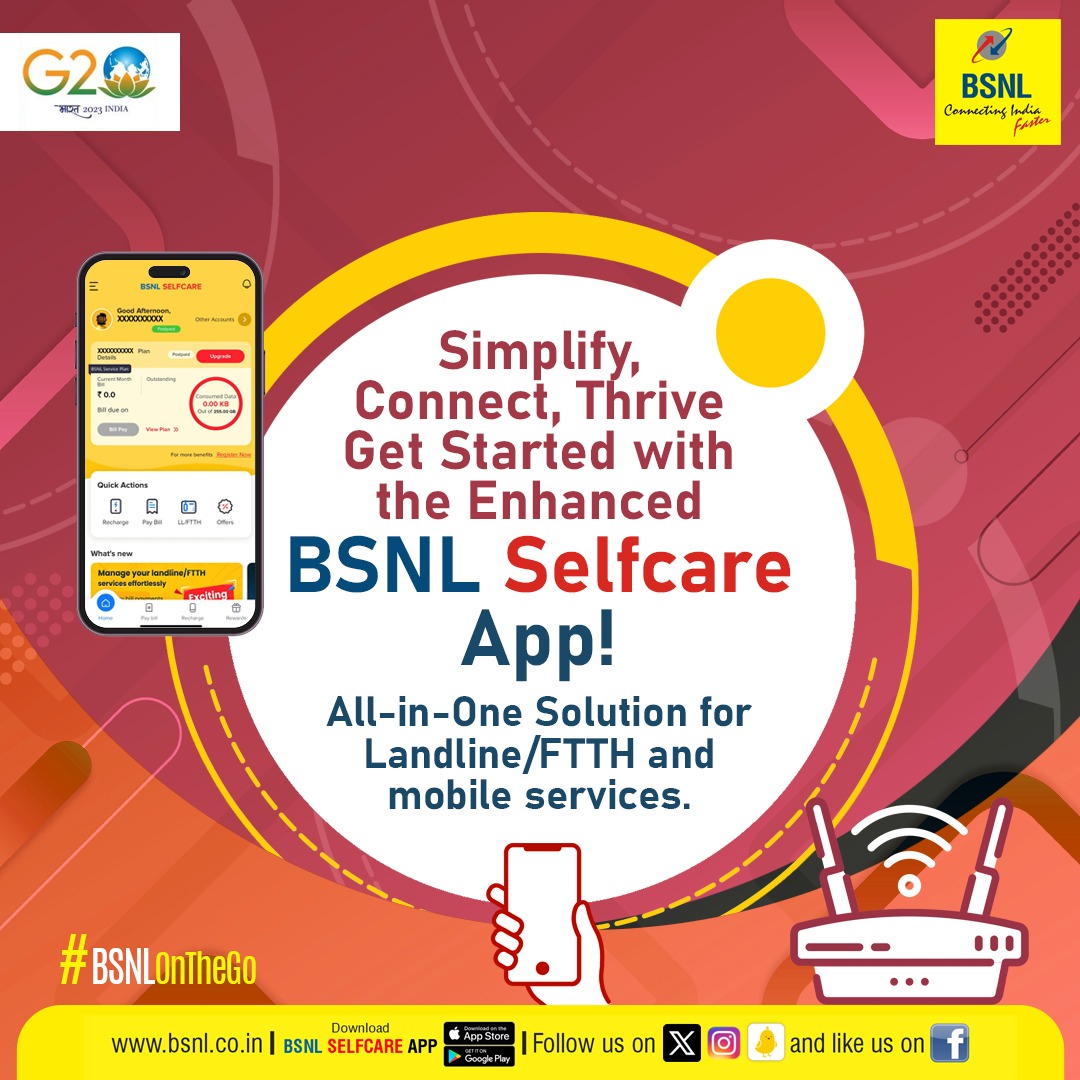 Simplify, connect, and thrive. Get Started with the Enhanced #BSNLSelfcareApp! All-in-One Solution for Landline/FTTH and Mobile Services. Google Play: bit.ly/3H28Poa App Store: apple.co/3oya6xa #BSNLOnTheGo #BSNL #DownloadNow