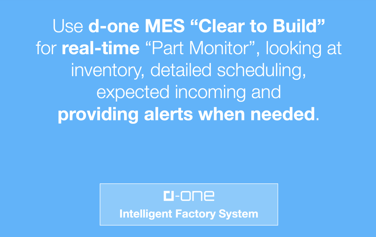 Avoid production hiccups with d-one MES. Real-time insights, part monitoring, alerts. Stay ahead! #MES #ClearToBuild