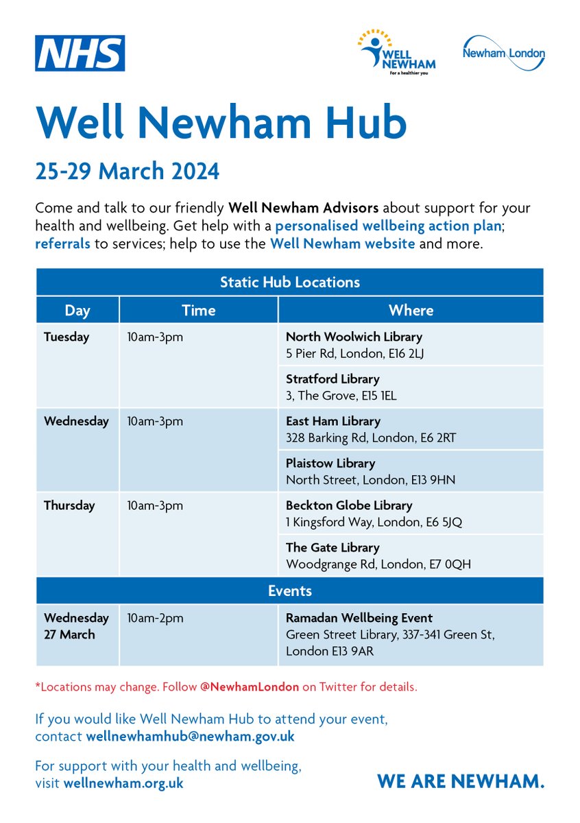 If you would like health and wellbeing support, please speak to one of our advisors at our #WellNewham Hubs.

For details of the hubs running at our libraries next week, please click on the image 👇

You can also visit wellnewham.org.uk for advice and support.