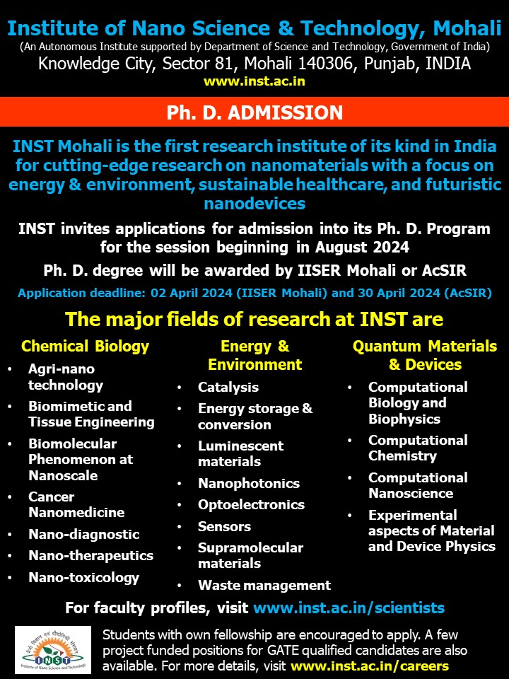 Applications are invited for Admission to PhD program (August 2024 session) For more details, visit inst.ac.in/careers