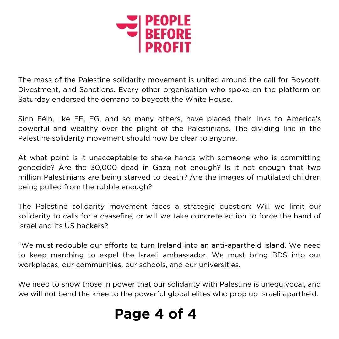 In <a href="/BelTel/">Belfast Telegraph</a> about the march to the US Consulate over genocide in Gaza. People called for a White House boycott and SF received a frosty reception for their unprincipled stance. Mudslinging at PBP is meant to distract from the principled BDS call. 
Our statement in full: 👇