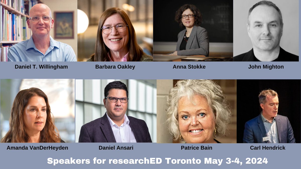 Headliners - at 'Exploring the Science of Learning,' May 3-4, 2024 at University of Toronto. A blockbuster @researchEDCan event at the redesigned #UTS with @DTWillingham #BarbaraOakley @rastokke @johnmighton @amandavande1 @NumCog @PatriceBain1 @C_Hendrick and many more. #CDNed