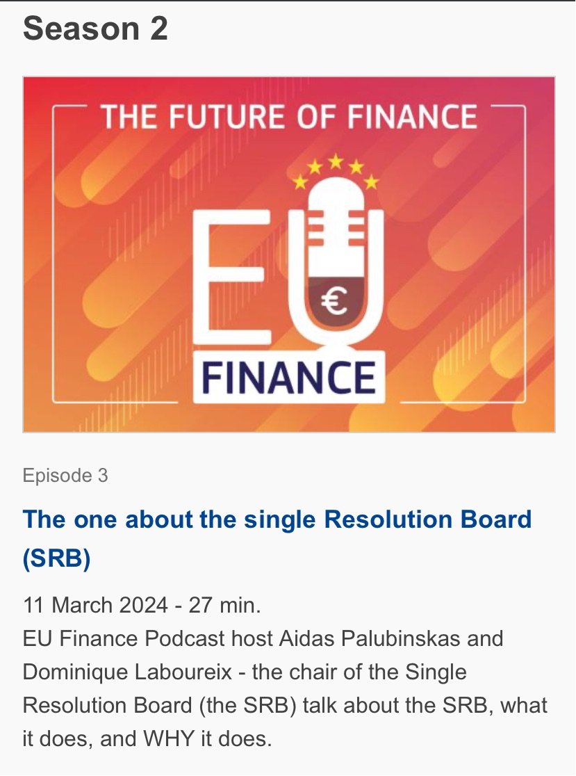 🎧 Podcast alert! 

Listen now to our latest episode with Dominique Laboureix, Chair of the Single Resolution Board, to learn more about the @EU_SRB and its crucial role in keeping Europe's financial system stable. 🏦🛡️

🎙️ europa.eu/!cKrGDm 

#BankingUnion
