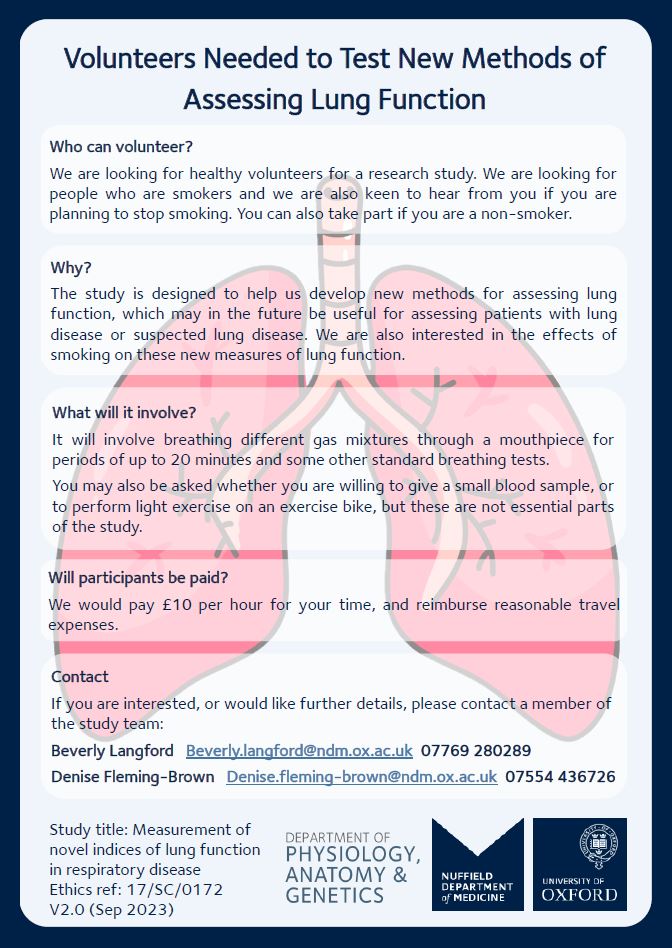 Would you like to be part of a study to help develop new methods for assessing 🫁 lung function? Eligibility: 🧍🏾‍♂️🧍🏾‍♀️age 24-60 🚫 no respiratory disease and either of the below: 🚬 current smoker 🚭quit smoking (6 months) 🫁 non-smoker More details🔽 @OUHospitals @UniofOxford