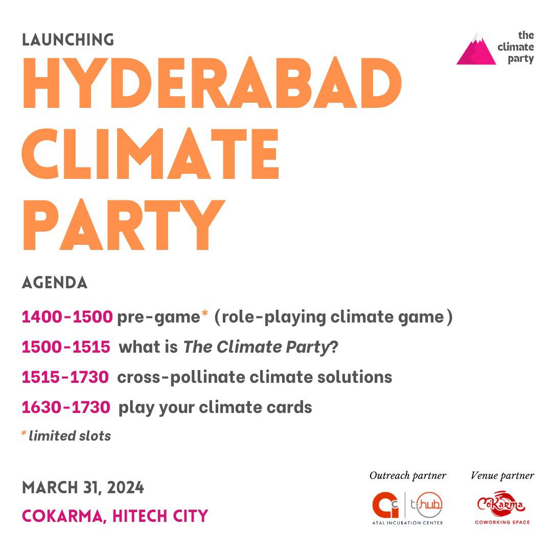 The inaugural Hyderabad Climate Party is coming to you on March 31st at CoKarma! 😍 Registration link - lnkd.in/gzet5Ni6 Happening at @CoKarma_In (CoKarma - Coworking Space) - at our lakeside terrace in Hitech City (Durgam Cheruvu lake branch) @THubHyd