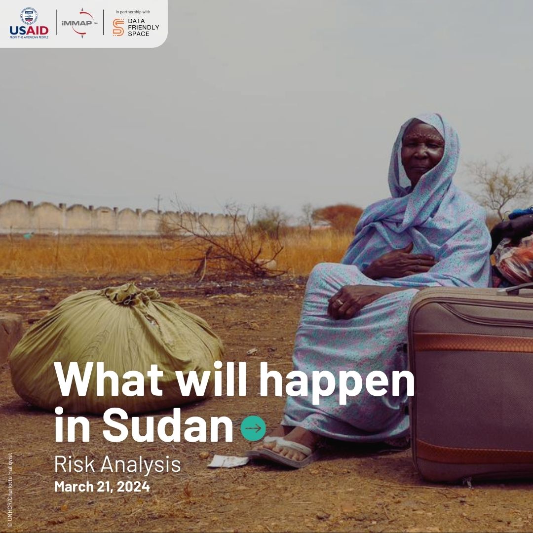 iMMAP_Inc's tweet photo. 🔴 SUDAN RISK ANALYSIS 🔴

💥 Violence spreading
🚧 Humanitarian access restricted
🍲 Hunger crisis

To help partners prepare for the coming months, we examine potential hazards, forecasting their impact and likelihood.

—
W/ @DFS_org, supported by @USAIDSavesLives

#EyesonSudan