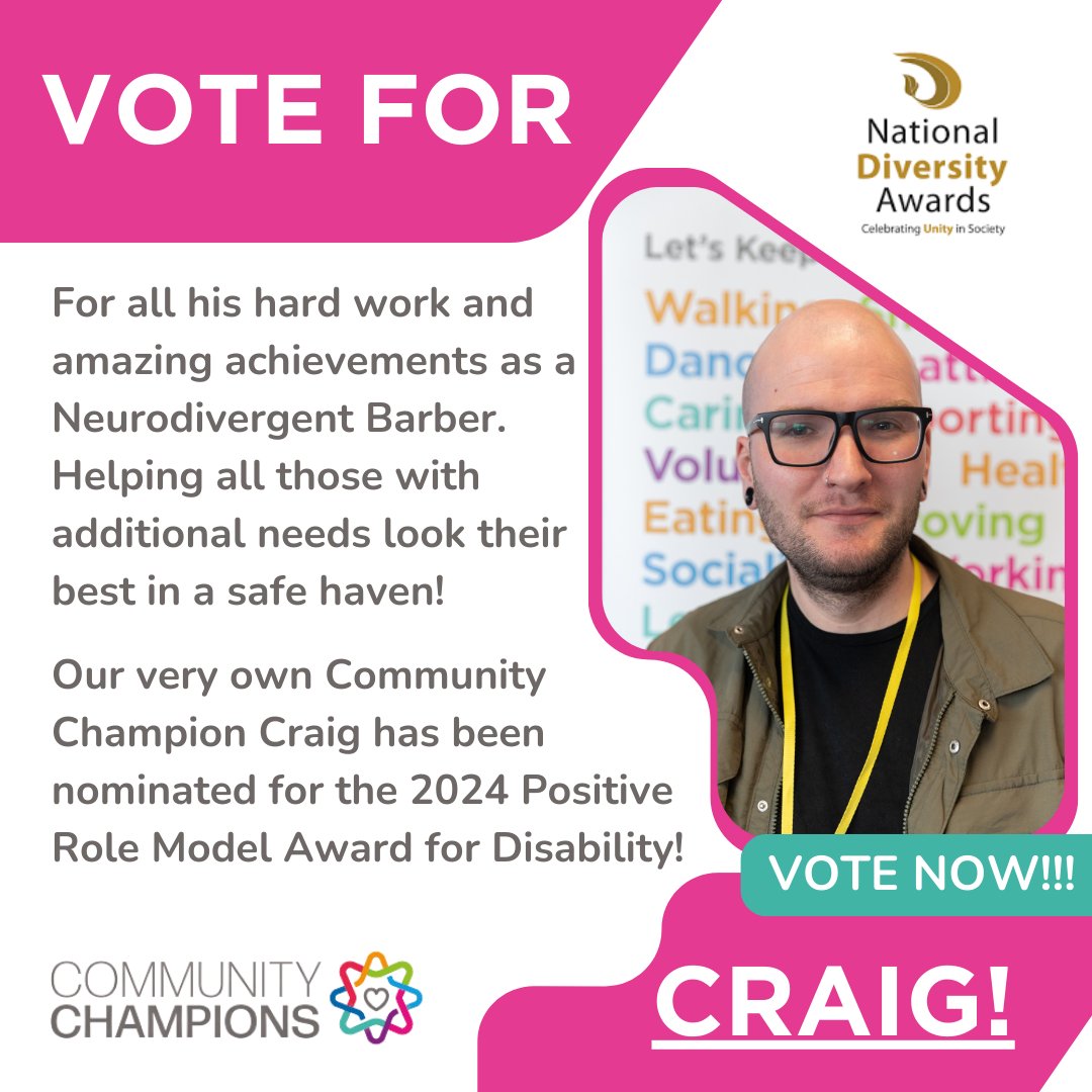 🙌Exciting News!🙌 One of our very own Community Champions, Craig Henderson has been nominated by National Diversity Awards to receive the 2024 Positive Role Model Award for Disability Don't just take our word for it, visit nationaldiversityawards.co.uk/awards-2024/no… to hear his story & VOTE!!!👑